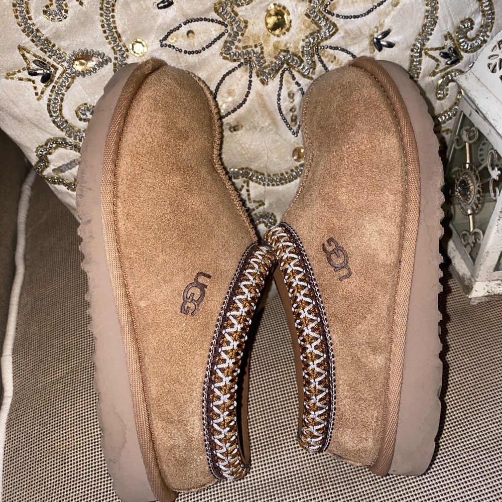 UGG Tan Suede Slippers with Patterned Trim